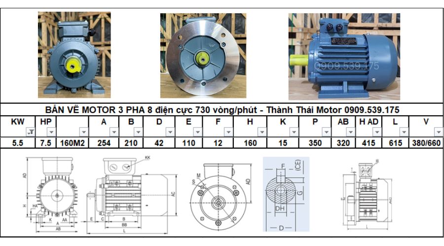 Động cơ điện 3 pha 5.5kW 7.5HP 8 cực điện