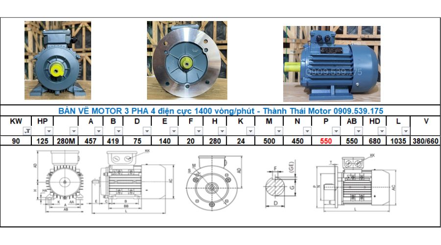 Động cơ điện 3 Pha 90kw 125hp 4 cực điện