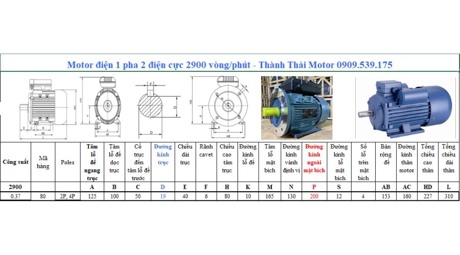 Motor 1 pha 0.37kW 0.5Hp 2 cực tải nặng