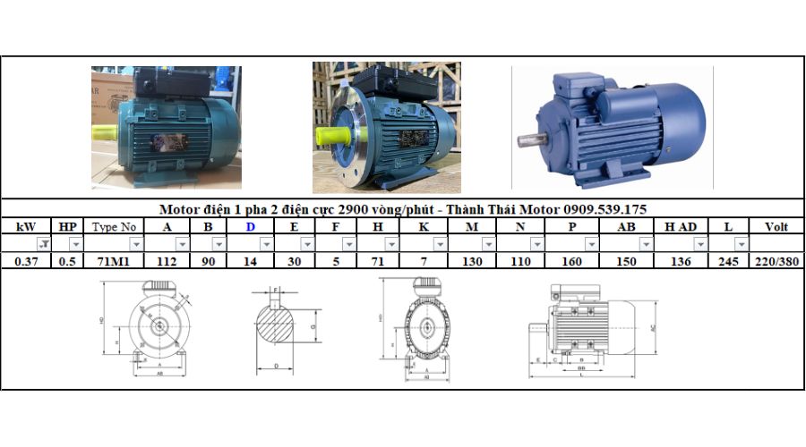 Motor 1 pha 0.37kW 0.5Hp 2 cực tải nhẹ