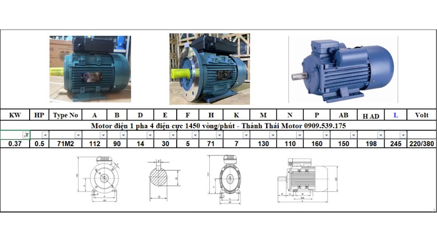 Motor 1 pha 0.37kW 0.5Hp 4 cực tải nhẹ