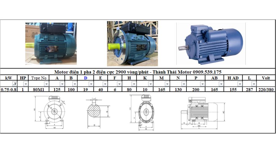 Motor 1 pha 0.75kW 1Hp 2 cực tải nhẹ