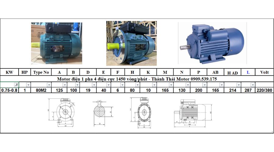 Motor 1 pha 0.75kW 1Hp 4 cực tải nhẹ