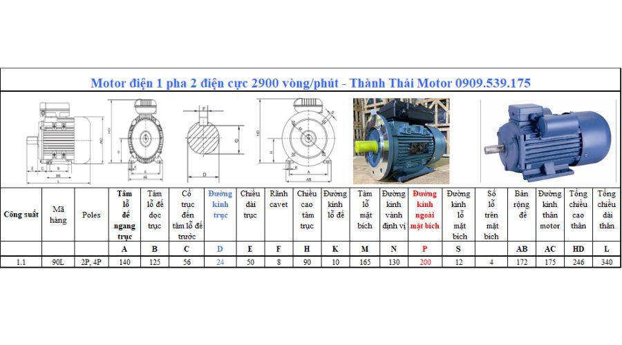 Motor 1 pha 1.1kW 1.5Hp 2 cực tải nặng