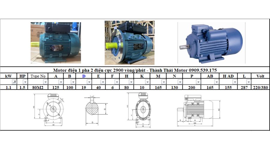 Motor 1 pha 1.1kW 1.5Hp 2 cực tải nhẹ