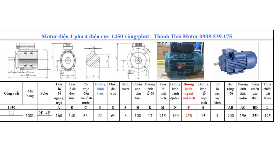 Motor 1 pha 1.1kW 1.5Hp 4 cực tải nặng