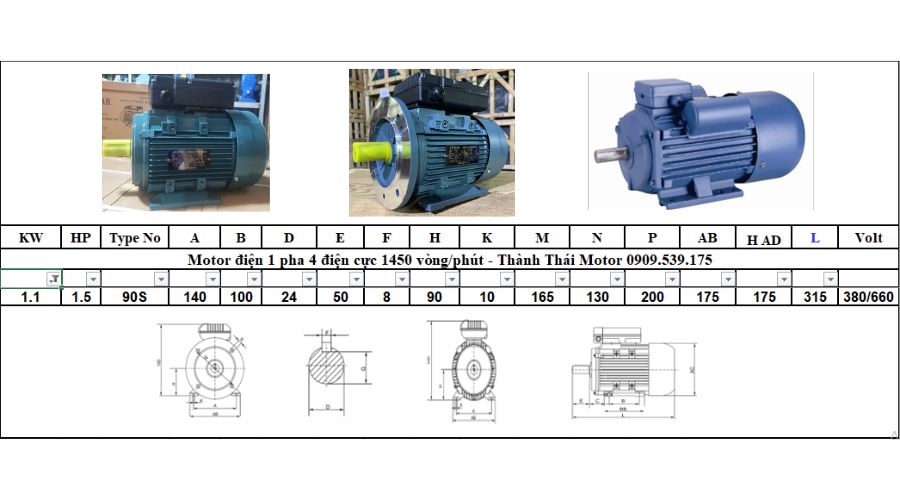 Motor 1 pha 1.1kW 1.5Hp 4 cực tải nhẹ