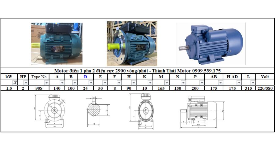 Motor 1 pha 1.5kW 1.5Hp 2 cực tải nhẹ