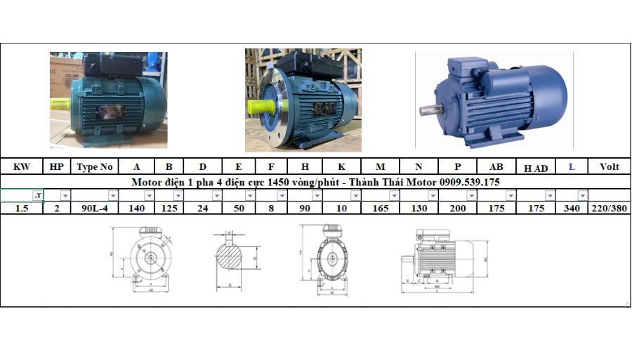 Motor 1 pha 1.5kW 2Hp 4 cực tải nhẹ