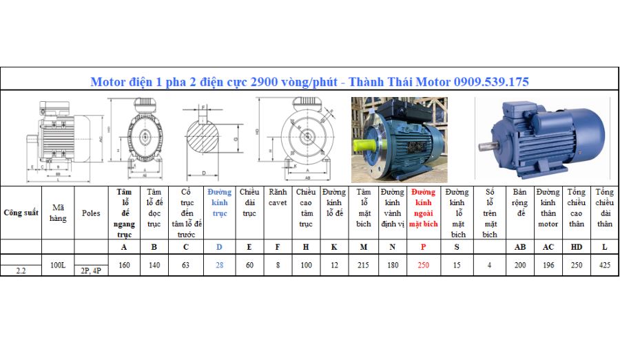 Motor 1 pha 2.2kW 3Hp 2 cực tải nặng