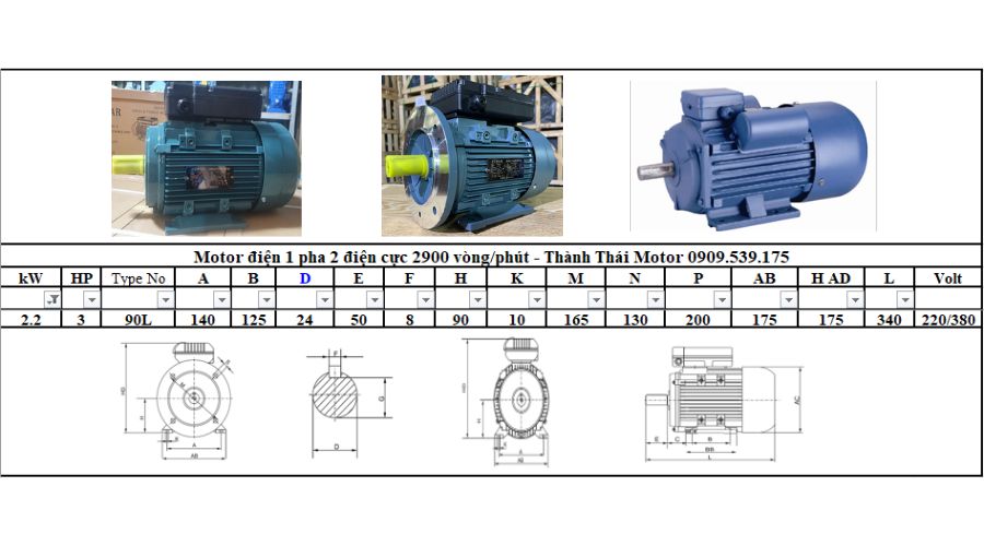 Motor 1 pha 2.2kW 3Hp 2 cực tải nhẹ