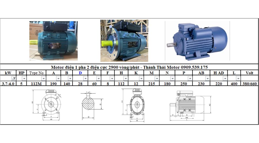 Motor 1 pha 3.7kW 5Hp 2 cực tải nhẹ