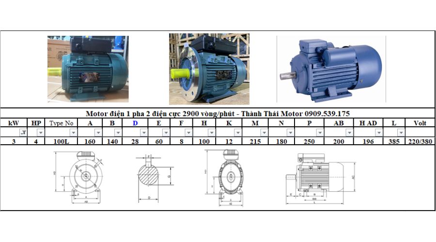 Motor 1 pha 3.0kW 4Hp 2 cực tải nhẹ