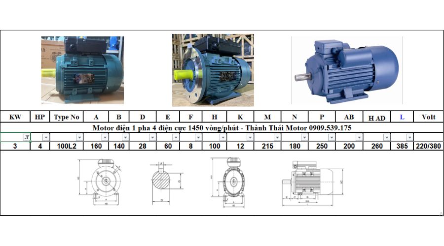 Motor 1 pha 3.0kW 4Hp 4 cực tải nhẹ