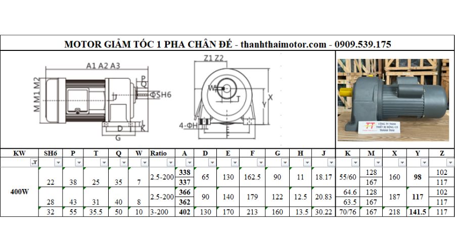 Motor giảm tốc 1 pha 0.4kw 0.5hp chân đế