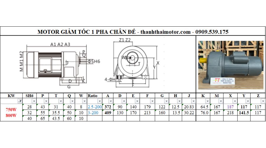 Motor giảm tốc 1 pha 0.8kw 1hp chân đế