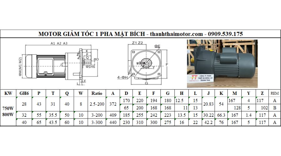 Motor giảm tốc 1 pha 0.8kw 1hp mặt bích