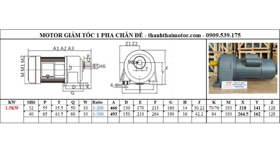 Motor giảm tốc 1 pha 1.5kw 2hp chân đế