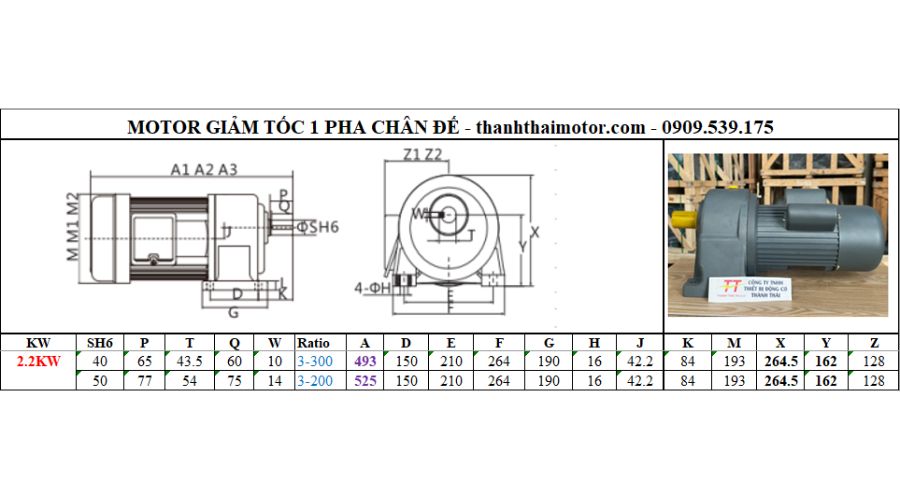 Motor giảm tốc 1 pha 2.2kw 3hp chân đế