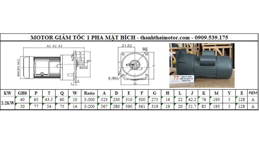 Motor giảm tốc 1 pha 2.2kw 3hp mặt bích