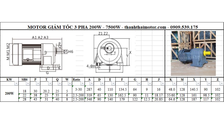 Motor giảm tốc 3 pha 0.2kW 0.25HP chân đế