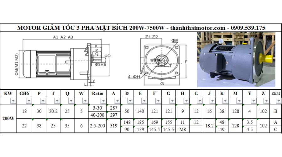 Motor giảm tốc 3 pha 0.2kW 0.25HP mặt bích