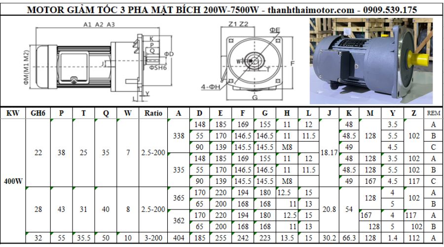 Motor giảm tốc 3 pha 0.4kW 0.5Hp mặt bích 