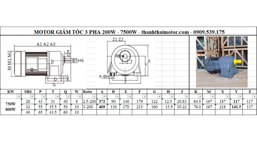 Motor giảm tốc 3 pha 0.8kW 1Hp chân đế