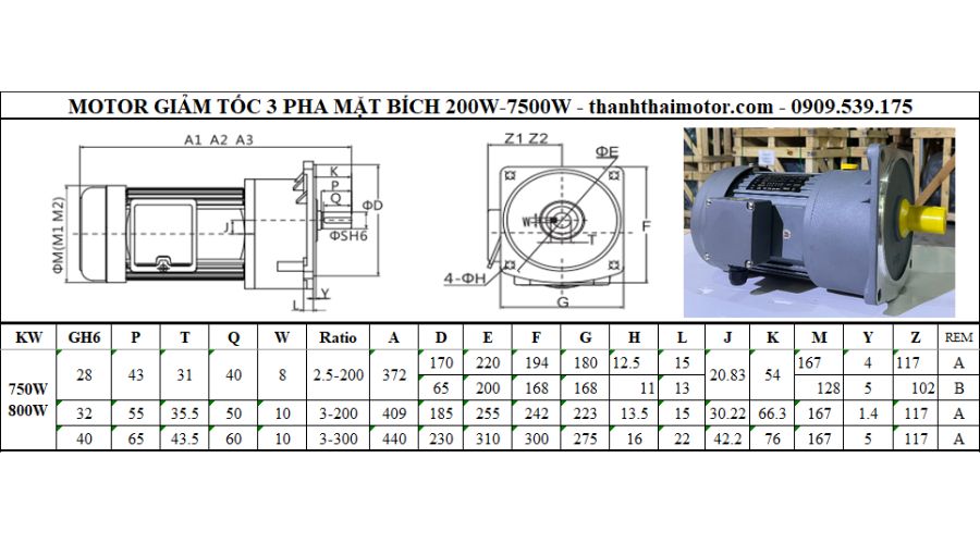 Motor giảm tốc 3 pha 0.8kW 1Hp mặt bích