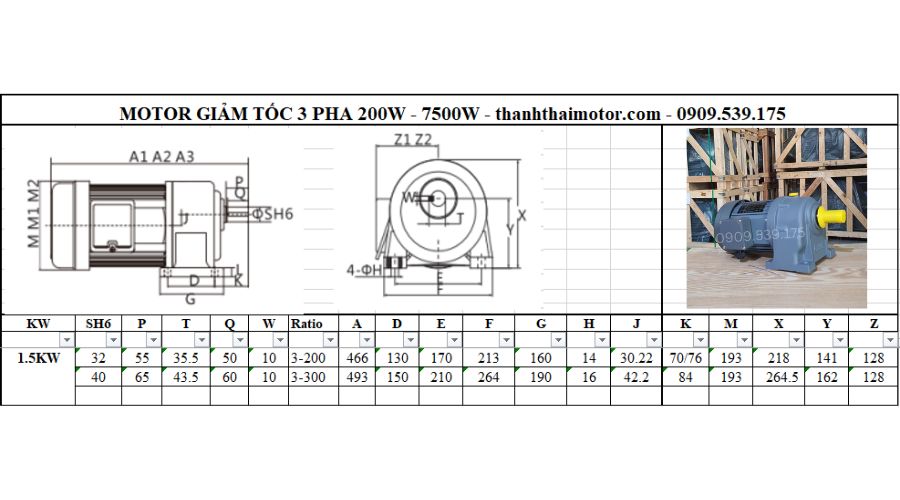 Motor giảm tốc 3 pha 1.5kW 2Hp chân đế