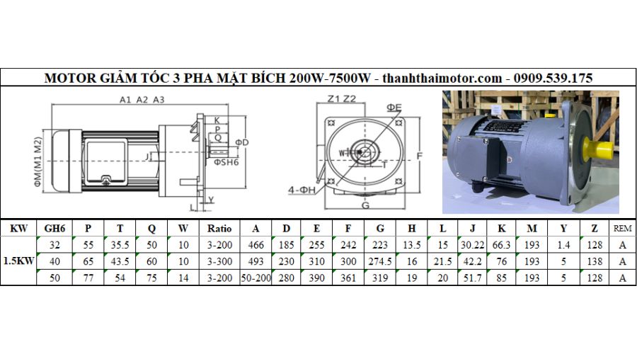 Motor giảm tốc 3 pha 1.5kW 2Hp mặt bích 