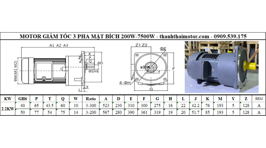 Motor giảm tốc 3 pha 2.2kW 3Hp mặt bích