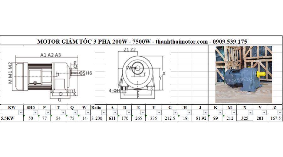 Motor giảm tốc 3 pha 5.5kW 7.5Hp chân đế 