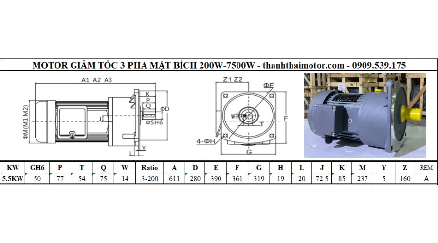 Motor giảm tốc 3 pha 5.5kW 7.5Hp mặt bích 