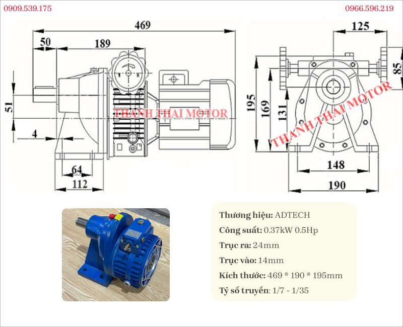 Thông số kỹ thuật và bản vẽ bộ điều chỉnh tốc độ motor 0.37kW 0.5Hp chân đế