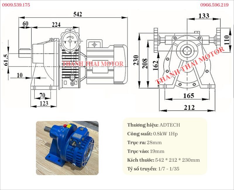 Technical specifications and drawing of the foot-mounted Mechanical Speed Variator 0.8kW 1Hp