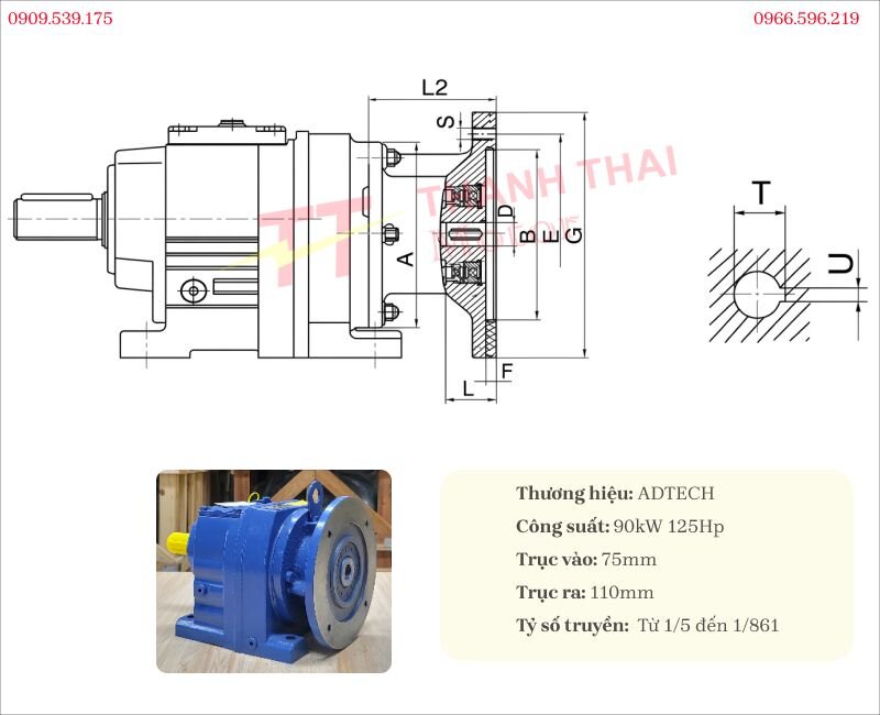 Technical specifications and R-Series Inline Helical Gearbox 90kW 125Hp