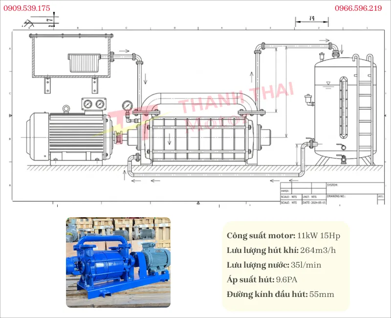 Drawing and technical specifications of the Vacuum Pump 11kW 15HP
