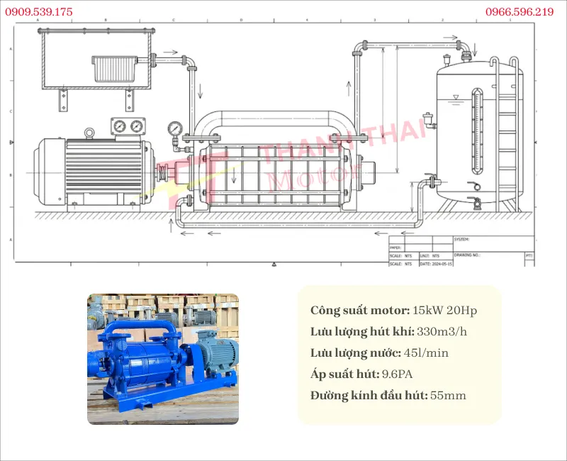 Drawing and specifications of Vacuum Pump 15kW 20Hp
