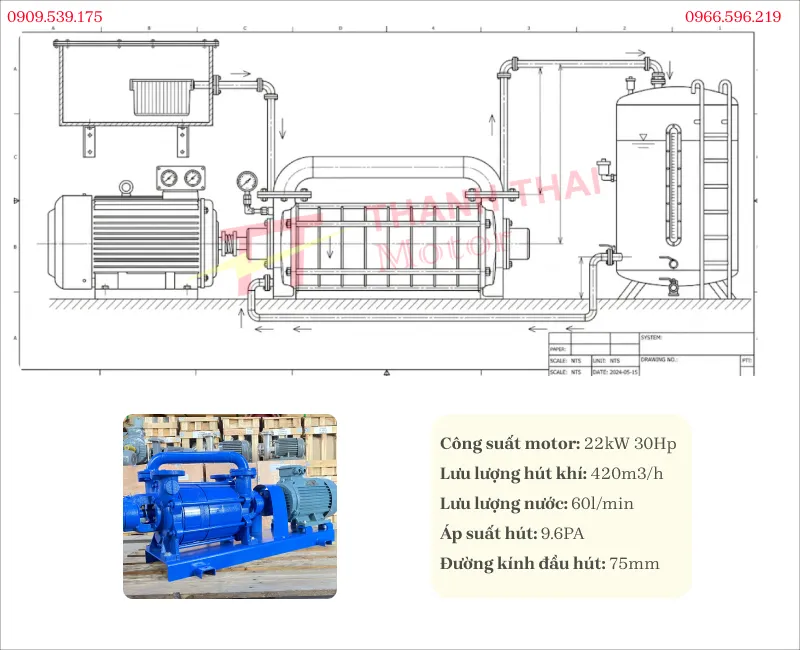 Bản vẽ và thông số kỹ thuật bơm hút chân không 22kW 30Hp