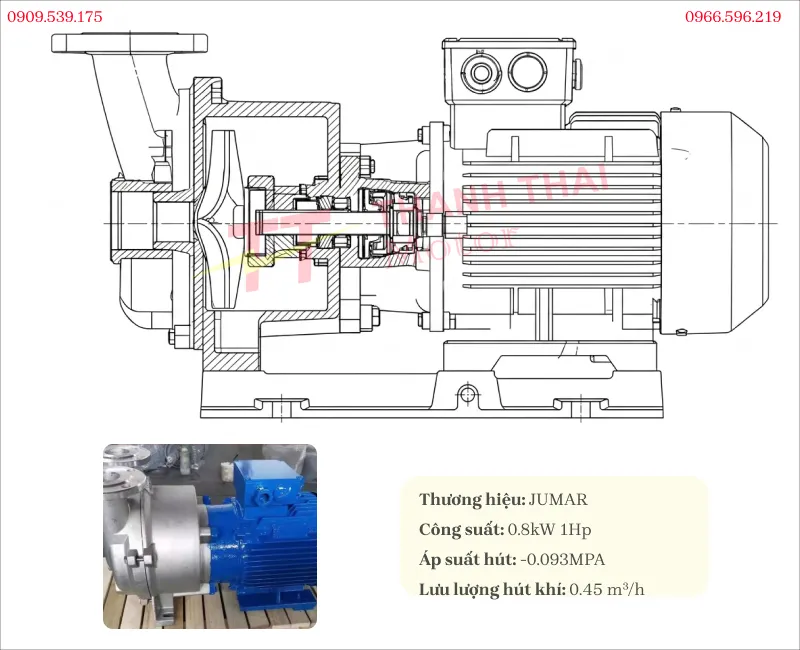 Drawing and specifications of the Close-Coupled Vacuum Pump 0.8kW 1Hp