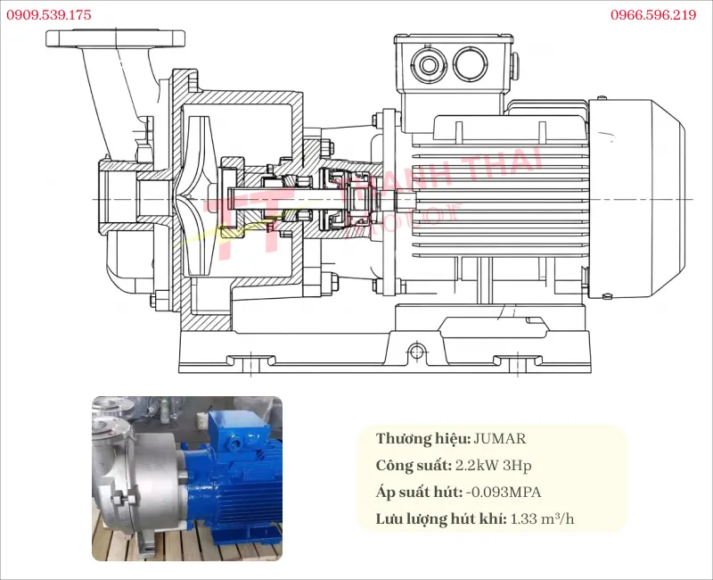 Drawing and technical specifications of the Close-Coupled Vacuum Pump 2.2kW 3Hp