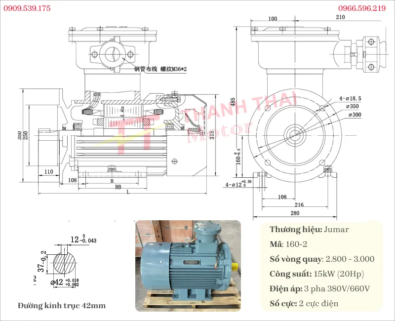 Bản vẽ và thông số kỹ thuật của động cơ phòng nổ 15kW 20Hp 2 cực`