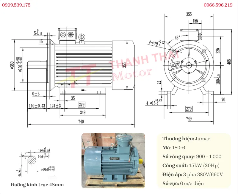 Bản vẽ và thông số kỹ thuật của động cơ phòng nổ 15kW 20Hp 6 cực