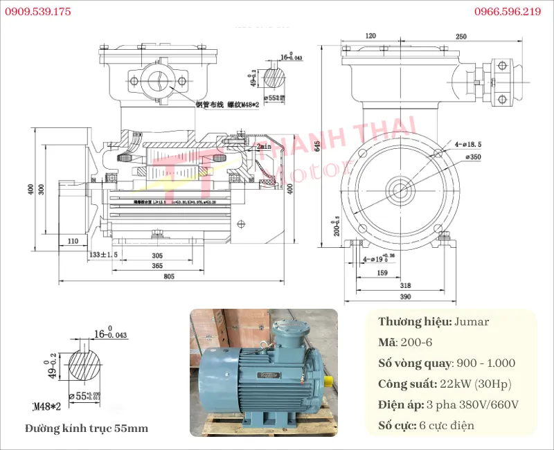 Bản vẽ và thông số kỹ thuật của động cơ phòng nổ 22kW 30Hp 6 cực