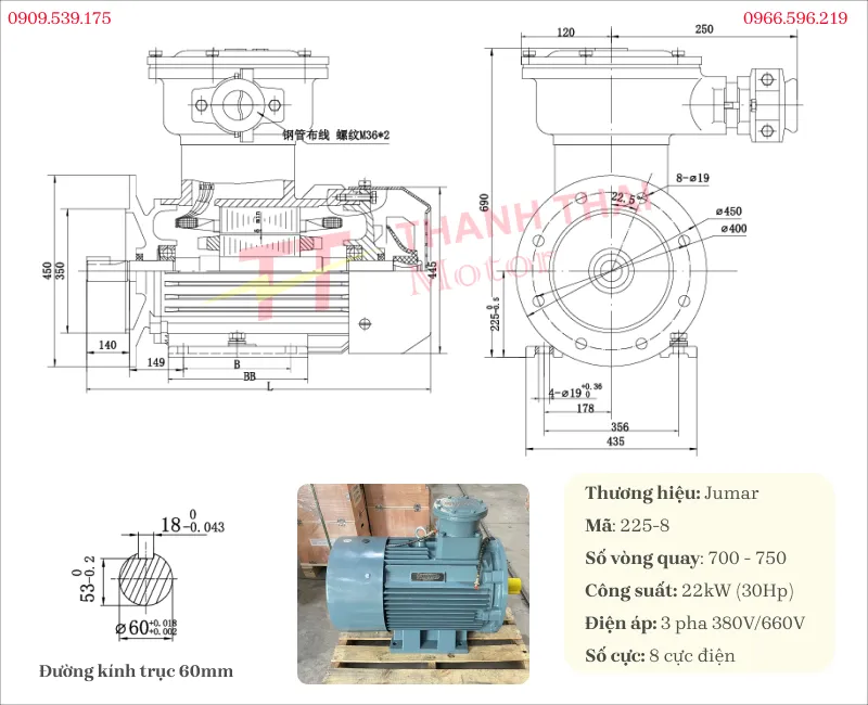Bản vẽ và thông số kỹ thuật của động cơ phòng nổ 22kW 30Hp 8 cực