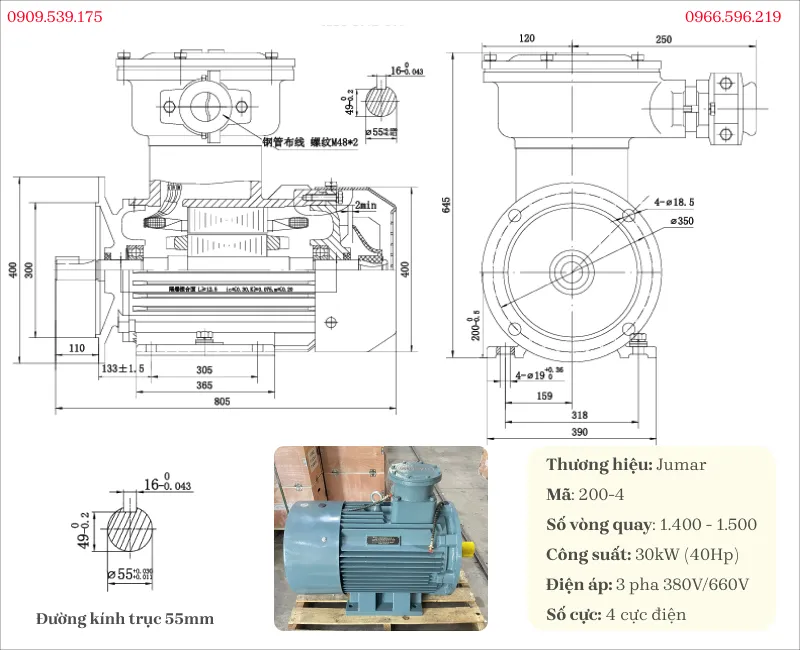 Bản vẽ và thông số kỹ thuật của động cơ phòng nổ 30kW 40Hp 4 cực