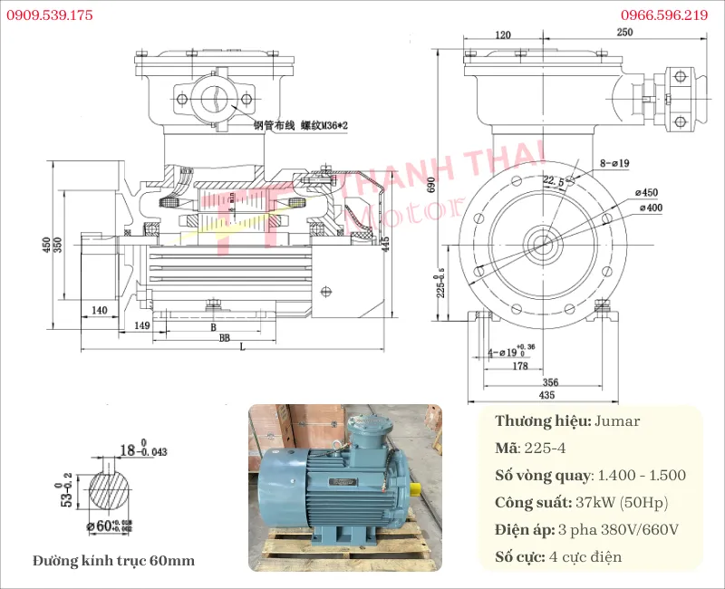 Bản vẽ và thông số kỹ thuật của động cơ phòng nổ 37kW 50Hp 4 cực