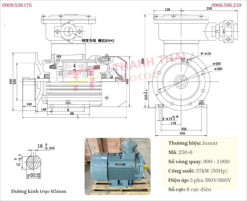 Bản vẽ và thông số kỹ thuật của động cơ phòng nổ 37kW 50Hp 6 cực