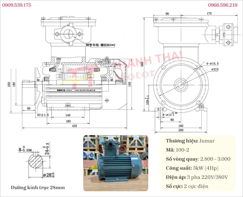 Drawing and technical specifications of the explosion-proof motor 3kW 4Hp 2 poles